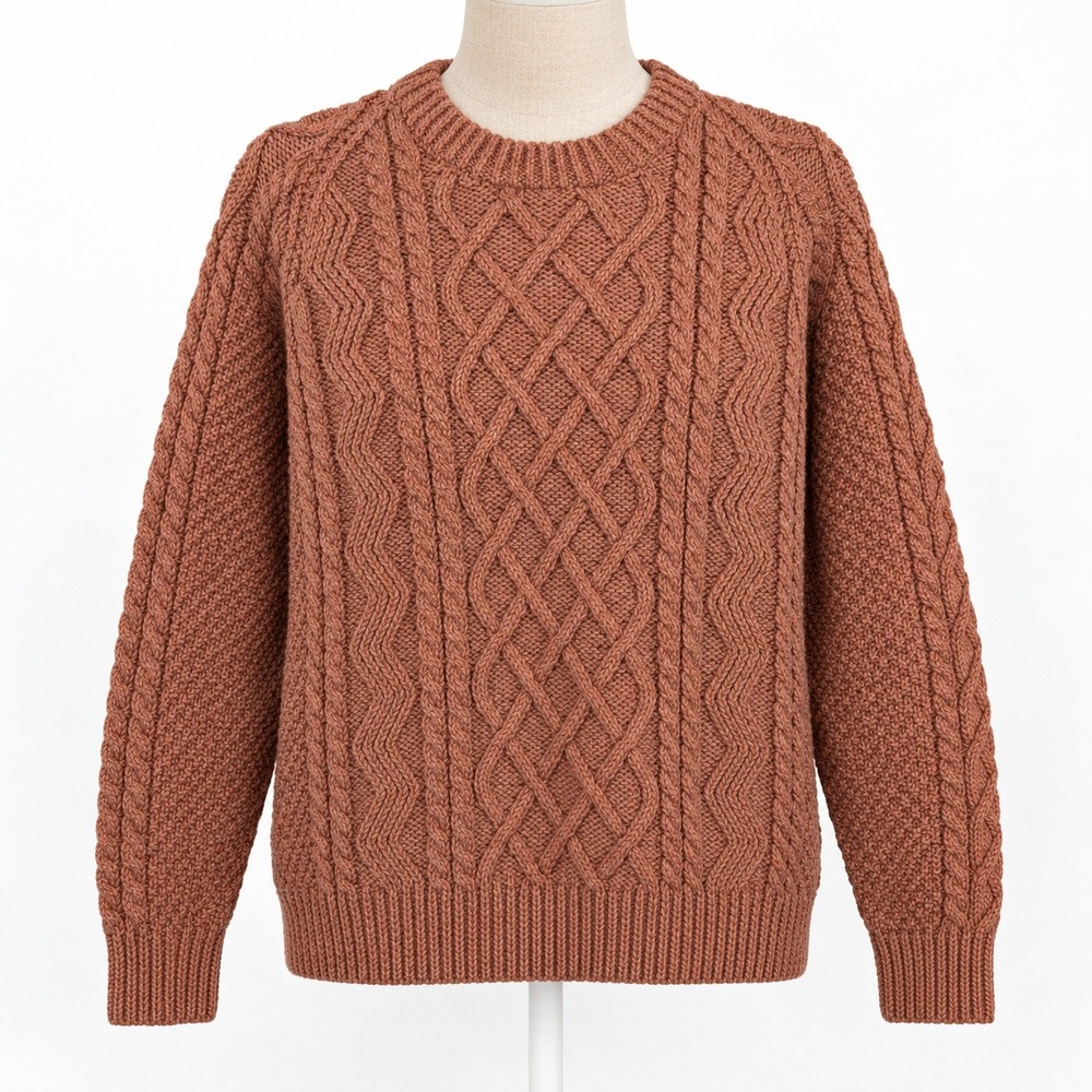 Vintage 90s Hand Knit Wool Sweater Size M Orange Cable Chunky Fisherman Cottage